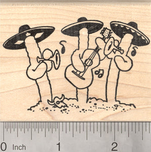 Saguaro Mariachi Band Rubber Stamp, Sonoran Desert Cactus with Musical Instruments and Sombrero Hats