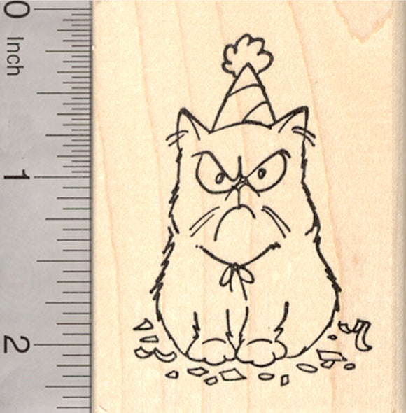 Birthday Grumpy Cat Rubber Stamp, in Party Hat