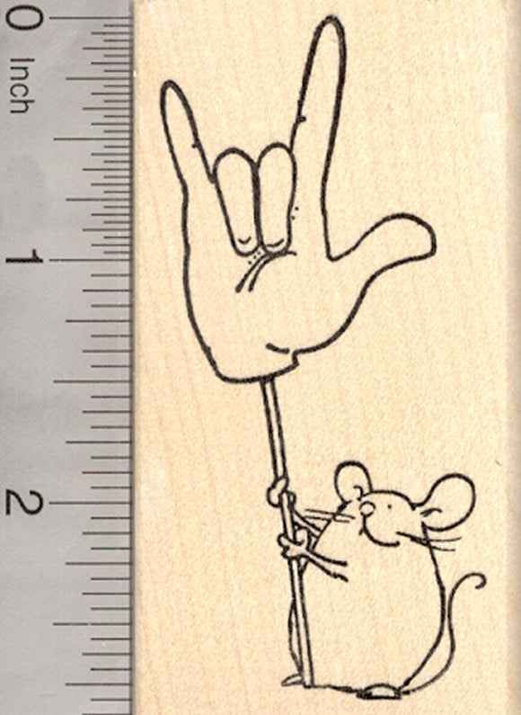 Valentine's Day Rat Rubber Stamp, Mouse with Sign Language Hand on Stick, I Love You