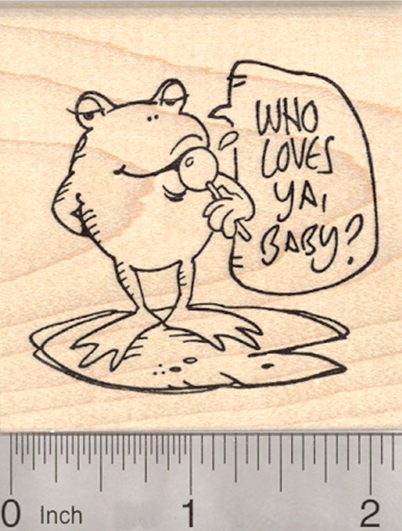 Valentine's Day Frog Rubber Stamp, with Lollipop, Who loves ya baby?