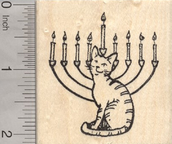 Hanukkah Cat Rubber Stamp, with Menorah, Chanukah