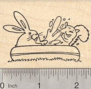 Bunny and Squirrel in Wading Pool Rubber Stamp, Summer Fun