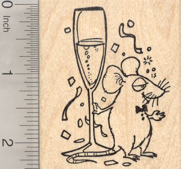 New Year Mouse with Champagne Rubber Stamp, Celebrating