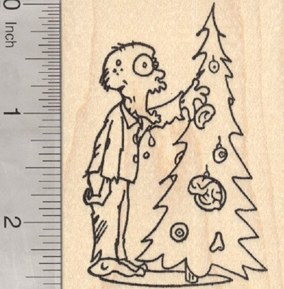 Zombie Christmas Rubber Stamp, With Tree
