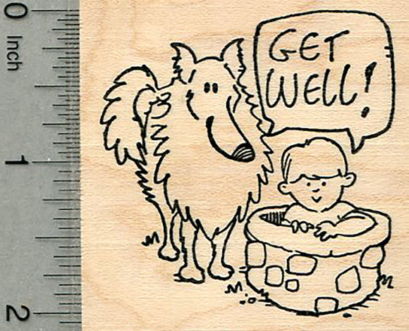 Get Well Collie Rubber Stamp, Boy with Dog