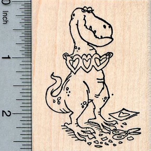 T-rex Valentine's Day Rubber Stamp, Tyrannosaurus Dinosaur with Hearts