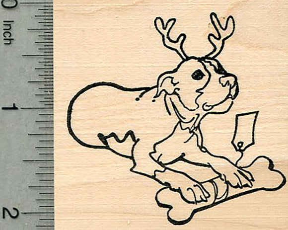 Christmas Pitbull Rubber Stamp, Dog with Antlers and Bone