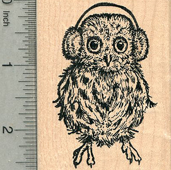 Holiday Owl Rubber Stamp, Owlet in Christmas Earmuffs