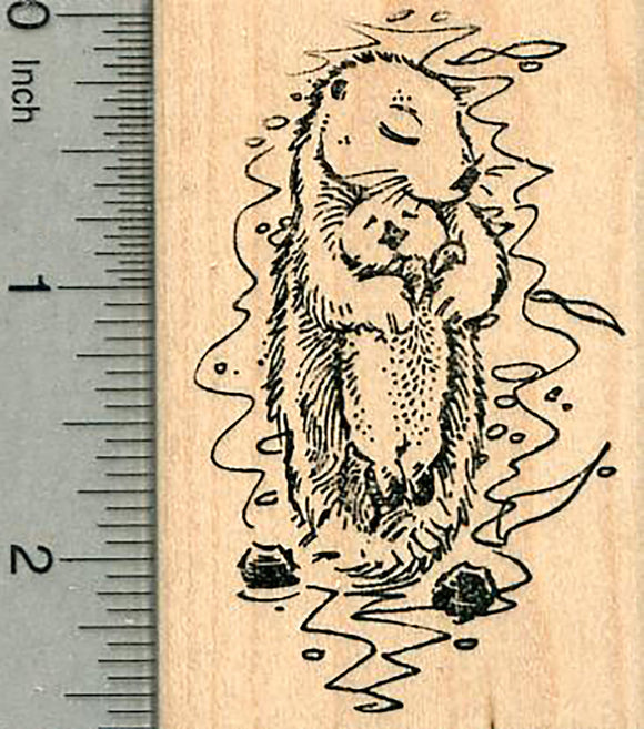 Sea Otter Mother Rubber Stamp, with Baby