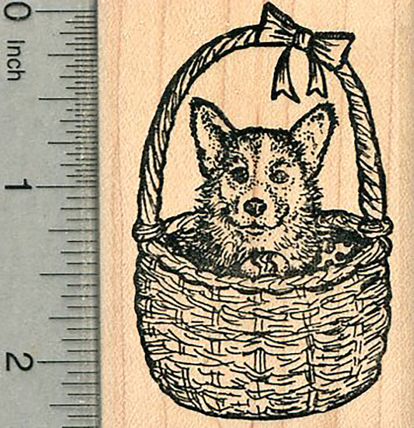 Easter Corgi Rubber Stamp, Dog in Basket