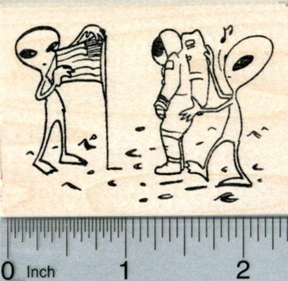 Moon Landing Rubber Stamp, Alien Posing, Conspiracy Hoax Humor