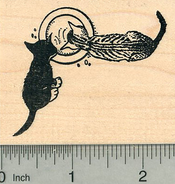 Cat Rubber Stamp, Two Kittens with Saucer