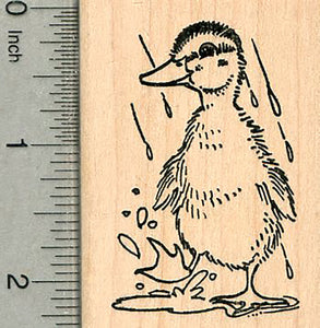 Mallard Duckling Rubber Stamp, Cute Baby Duck in Rain