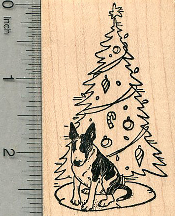 Christmas English Bull Terrier Rubber Stamp, Brindle and White with Tree