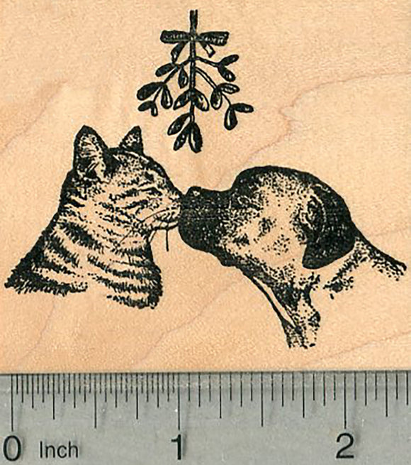 Christmas Pets Rubber Stamp, Cat and Boxer Kiss Under Mistletoe