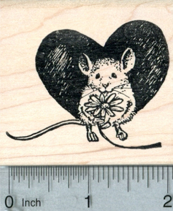 Valentine's Day Mouse Rubber Stamp, with Flower
