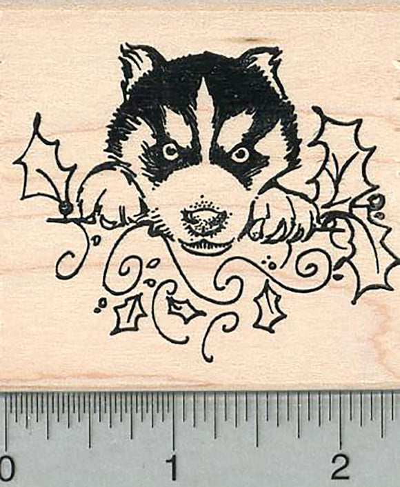 Christmas Husky Rubber Stamp, Puppy Portrait with Holly