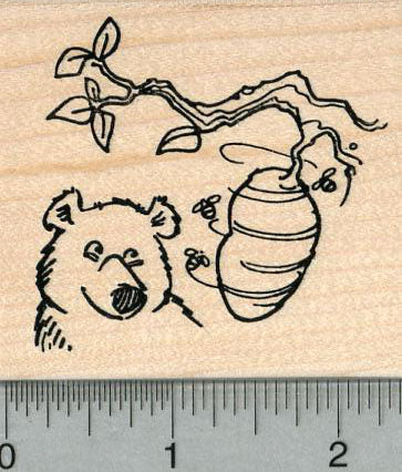 Honey Bear Rubber Stamp, with Bee Hive