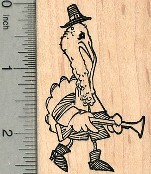 Thanksgiving Turkey Rubber Stamp, Bird with Pilgrim Hat and Gun