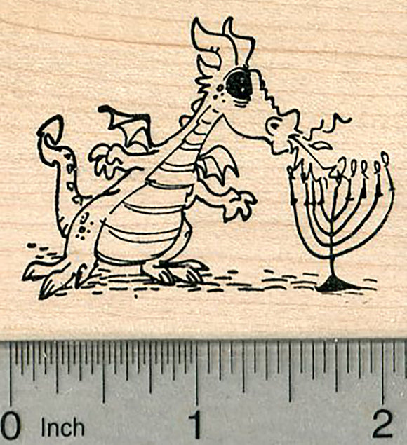 Hanukkah Dragon Rubber Stamp, Lighting a Menorah