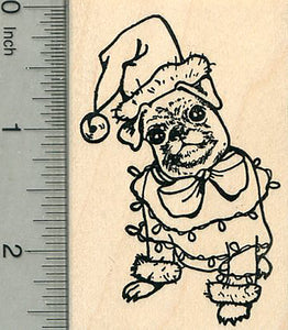Christmas Pug Rubber Stamp, Dog in Santa Hat and Tree Lights