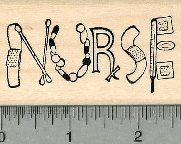 Nurse Rubber Stamp, with Bandages, q-tips, thermometer, Healthcare Heroes Series