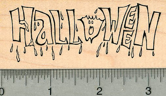 Halloween Rubber Stamp, Word with Ghost and Dripping Text