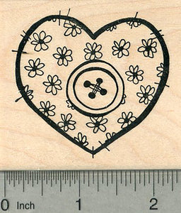Sewing Valentine Rubber Stamp, with Floral Pattern and Single Button