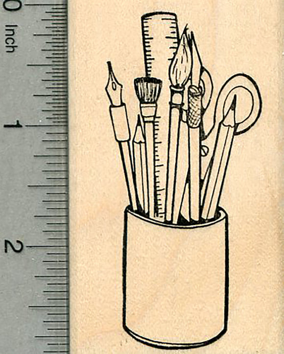 Art Themed Rubber Stamp, Artist's tools in a cup