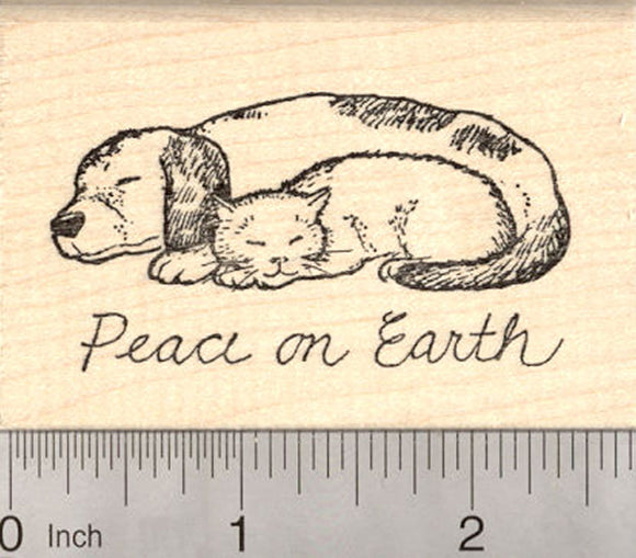 Dog and Cat Peace on Earth Rubber Stamp, Christmas Holiday