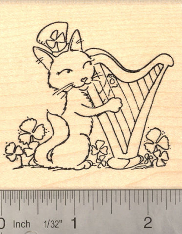 St. Patrick's Day Cat playing Harp Rubber Stamp