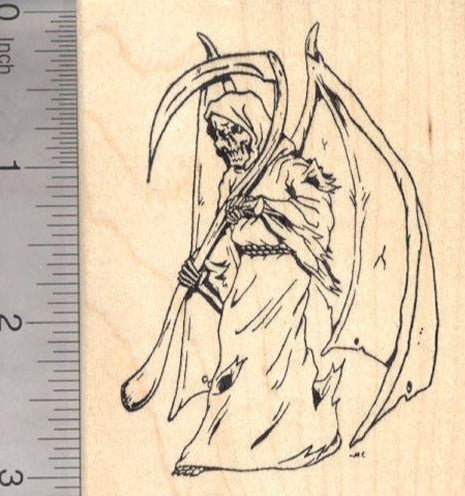 Grim Reaper Rubber Stamp, Angel of Death with Scythe Halloween
