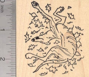 Greyhound Dog Rolling in Autumn Leaves, Thanksgiving Rubber Stamp