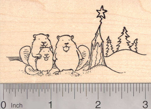 Happy Beaver Family with Christmas Tree Rubber Stamp