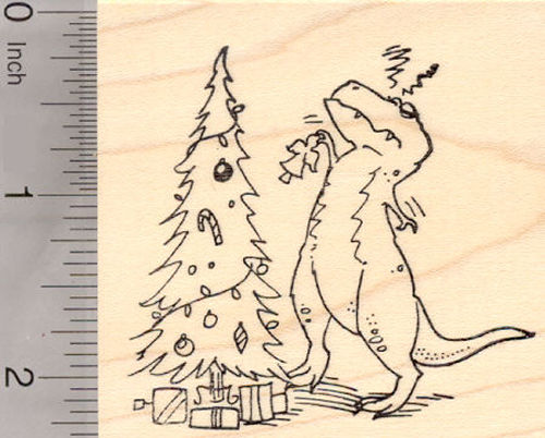 Tyrannosaurus Rex with Christmas Tree Rubber Stamp