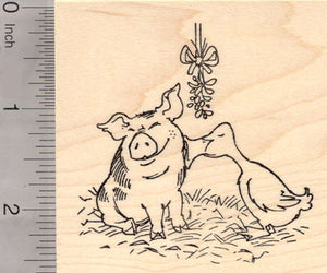 Christmas Pig and Duck Kissing under the Mistletoe Rubber Stamp