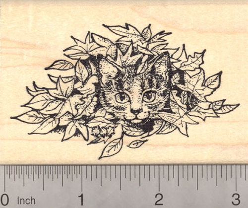 Tabby Cat hiding in Autumn Leaves Rubber Stamp
