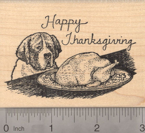 Happy Thanksgiving St. Bernard Dog with Turkey Rubber Stamp