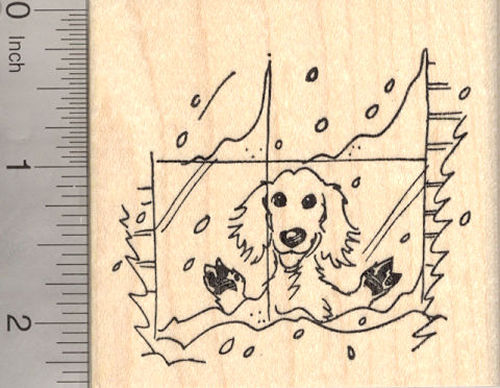 Dog in Winter Window Rubber Stamp, Golden Retriever