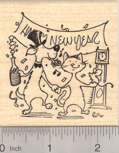 Happy New Year Partying Dog with Cat and Mouse Rubber Stamp