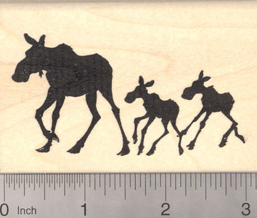 Moose Cow with Calf Twins in Silhouette Rubber Stamp