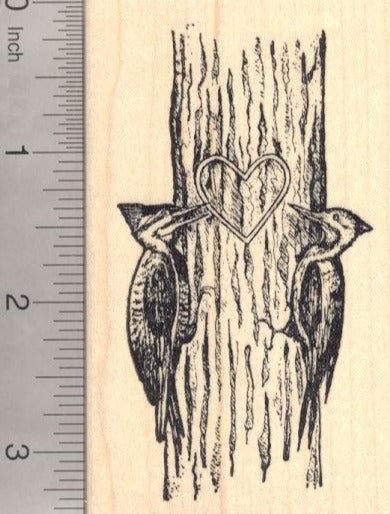 Valentine's Day Woodpecker Pair Rubber Stamp, Male and Female Birds with Heart