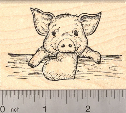 Valentine's Day Piglet with Heart Rubber Stamp, Baby Pig