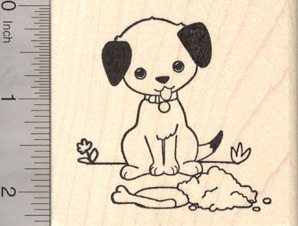 Puppy Dog Rubber Stamp, Burying Bone