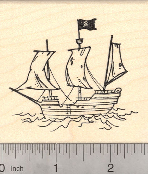Pirate Galleon Rubber Stamp, Pirate Ship with Jolly Roger