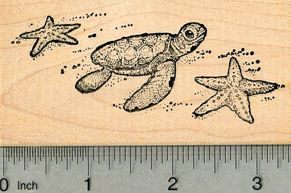 Baby Sea Turtle with Starfish Rubber Stamp, Ocean Scene
