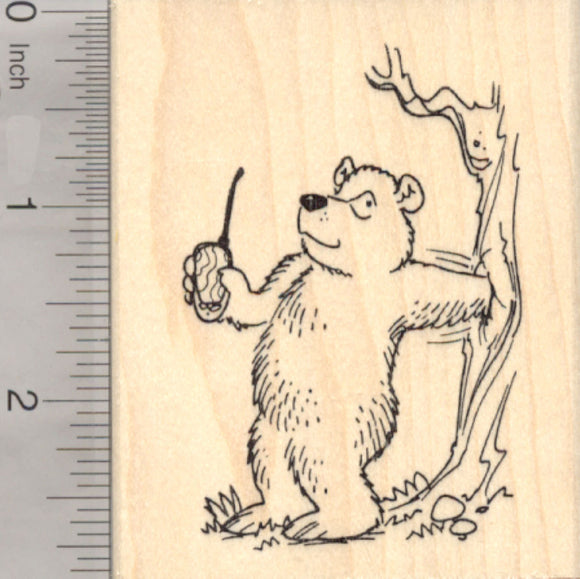 Geocaching Bear Rubber Stamp, with Hand in Tree, GPS
