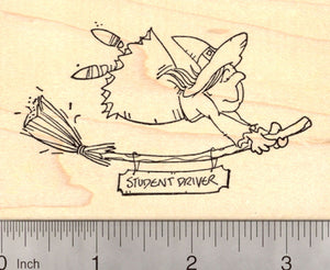 Halloween Witch in Training Rubber Stamp, Teen Student Driver Broomstick