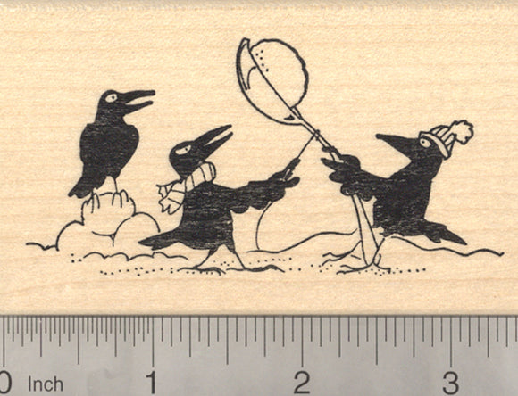 Crow Rubber Stamp, Winter Holiday Theme with Snowball fight