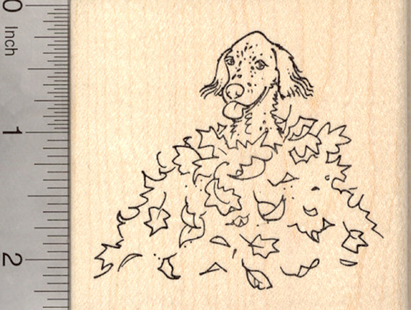 English Setter Dog Rubber Stamp, in Autumn Leaf Pile